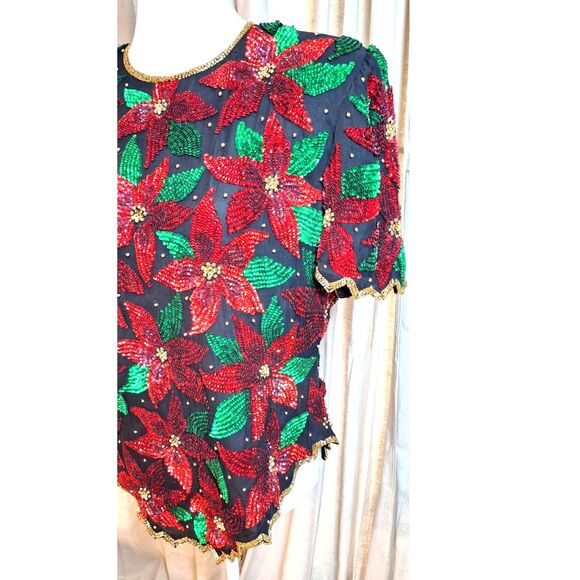 Vintage Laurence Kazar Sequin & Beaded Christmas Poinsettia Top Blouse Sz L - Picture 3 of 11